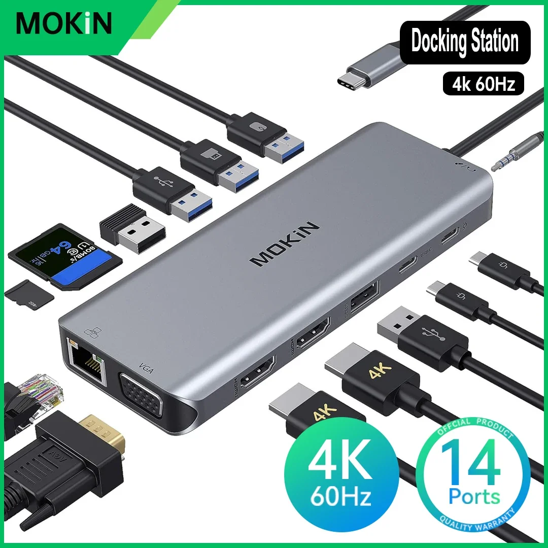 MOKIN USB C ŷ ̼ USB 3.0, ƺ е Ʈ Ʈ,  4K 60Hz HDMI,RJ45 ,SD/TF,  ũ, PD 100W, 14  1
